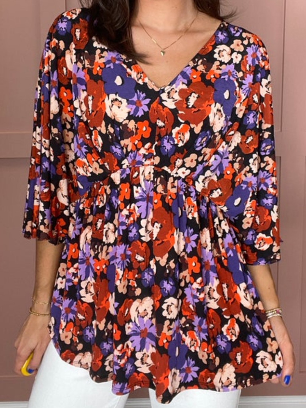 Scarlett Floral V-Neck Tunic Top — Red, Purple & Cream